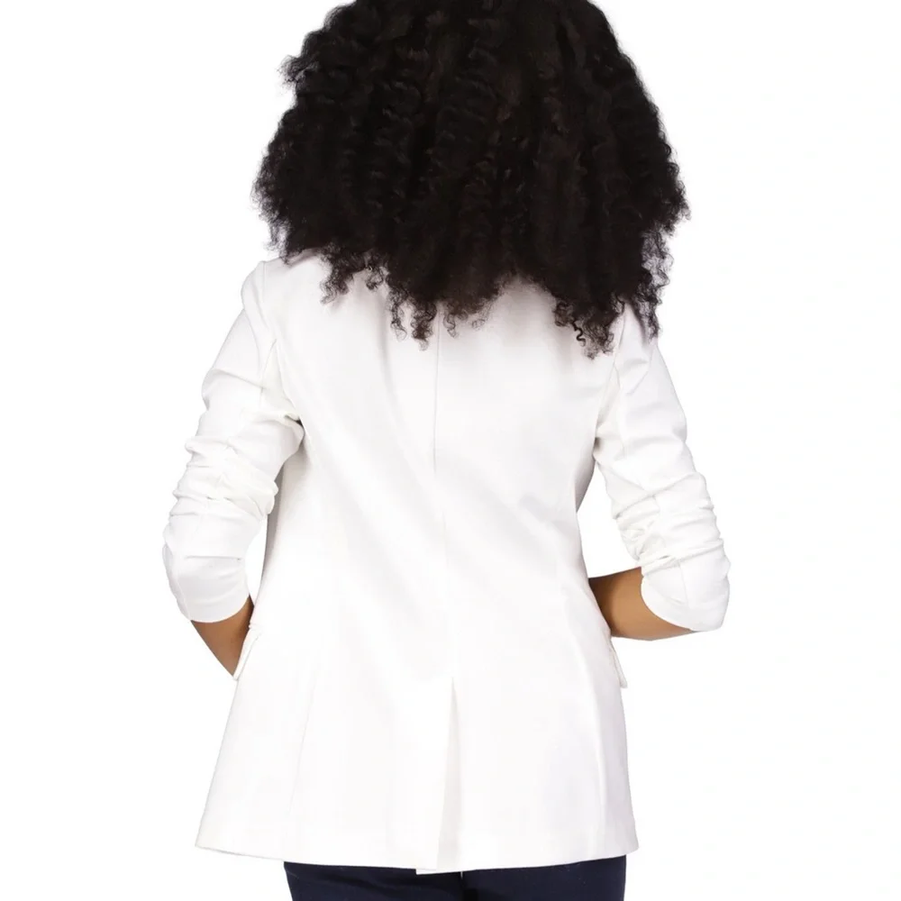 MICHAEL Kors White Ponte Knit Notch Lapel Long Sleeve Button Front Blazer - Picture 3 of 12